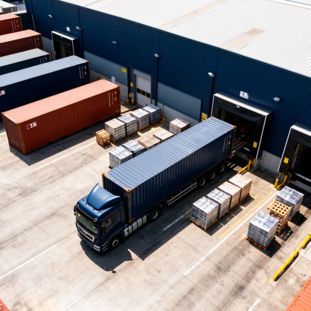 Truck being loaded at a logistics warehouse dock